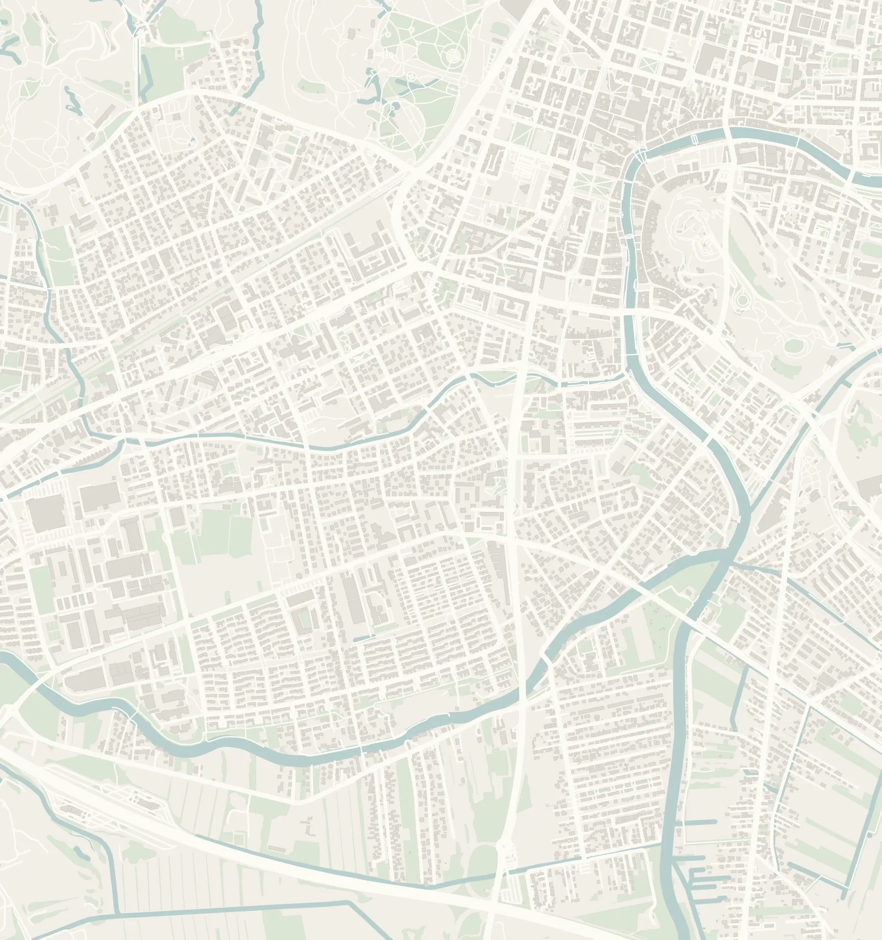 Streets, green spaces and rivers between Trnovo and central Ljubljana.